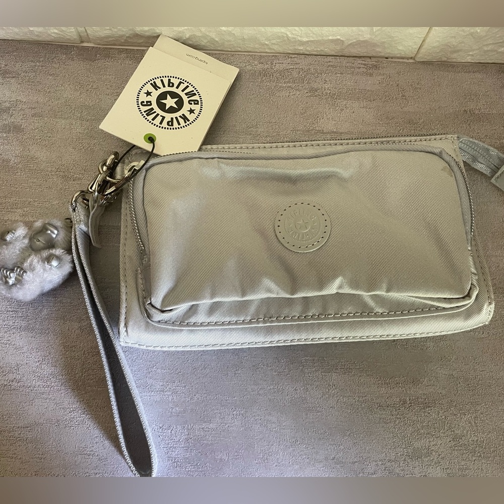 Kipling Light Gray Zip Wristlet with Front Pocket